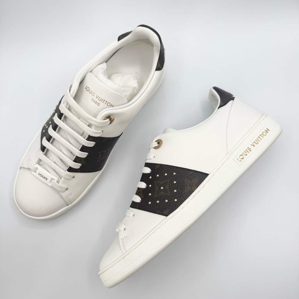NEW Louis Vuitton Frontrow White Brown Monogram Logo Studded Leather Sneakers